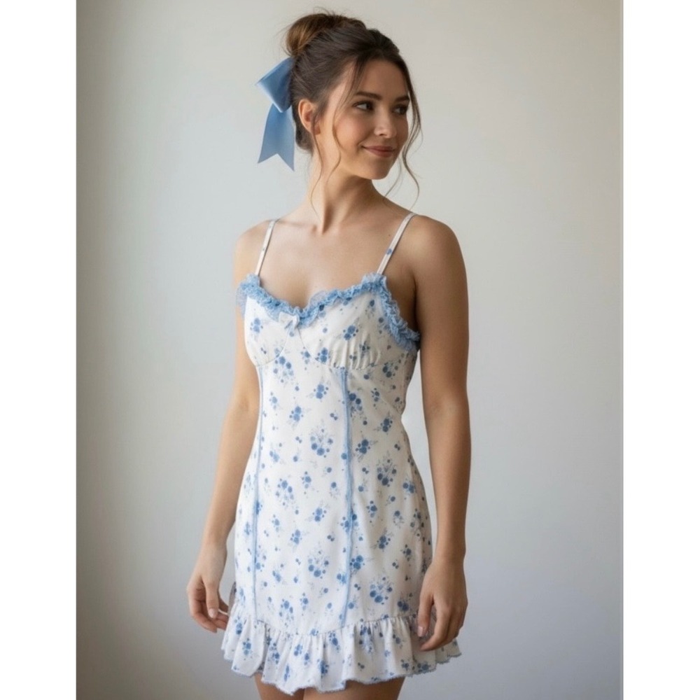NEW Blue Floral Lace Trim Ruffle Mini Dress Large Coquette Cottagecore White